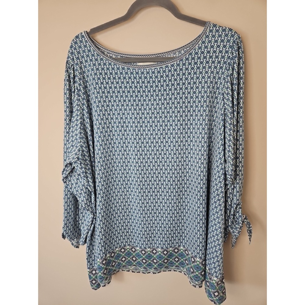 Max Studio Blouse 3X Blue Green Geometric Print Bow Tie Sleeve Boho Top Coastal